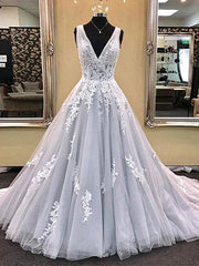 V Neck Light Gray Lace Prom Dresses, Silver Grey Lace Formal Evening Dresses