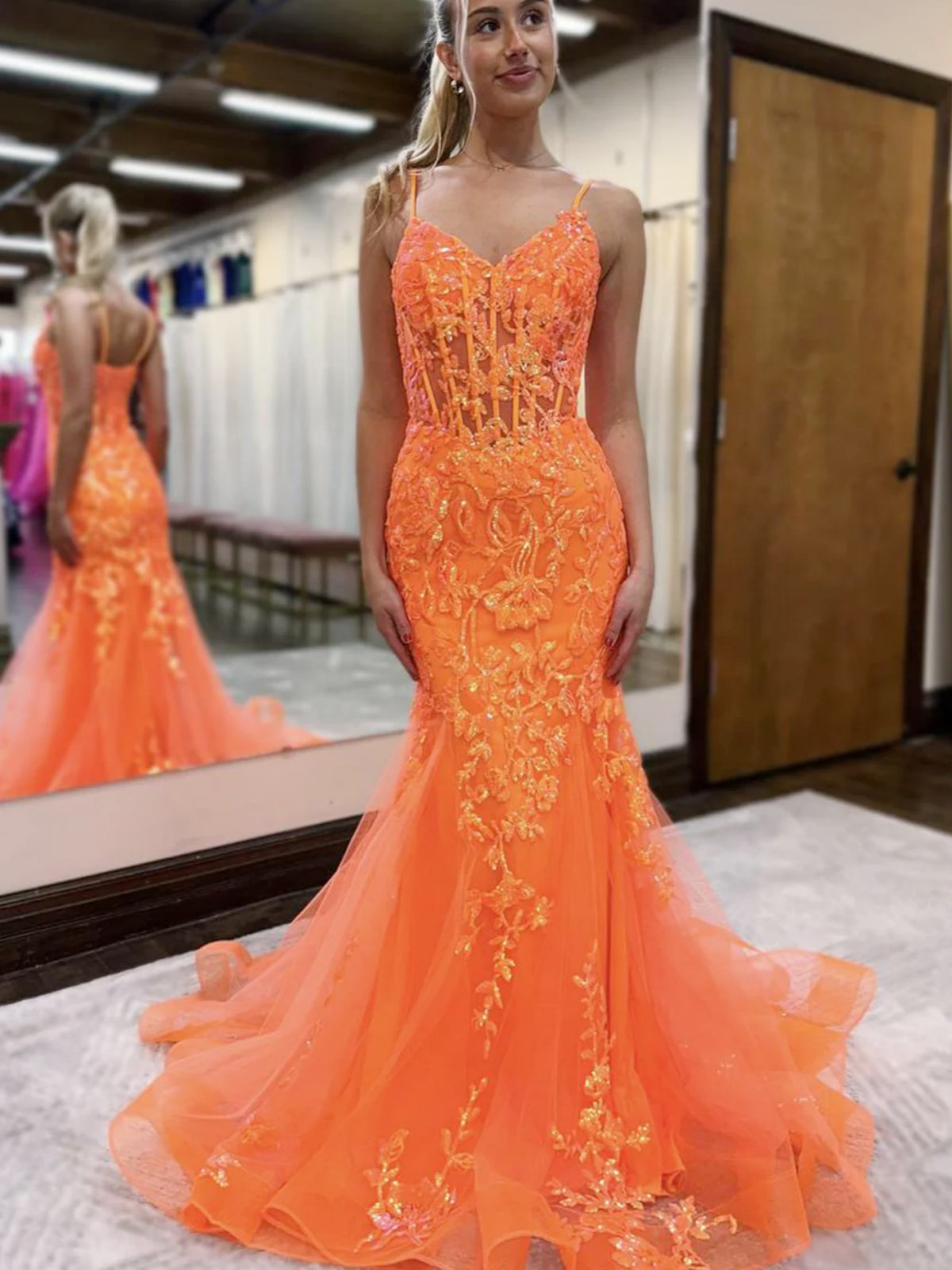 V Neck Oragne Pink Lace Mermaid Prom Dresses, V Neck Mermaid Lace Formal Evening Dresses