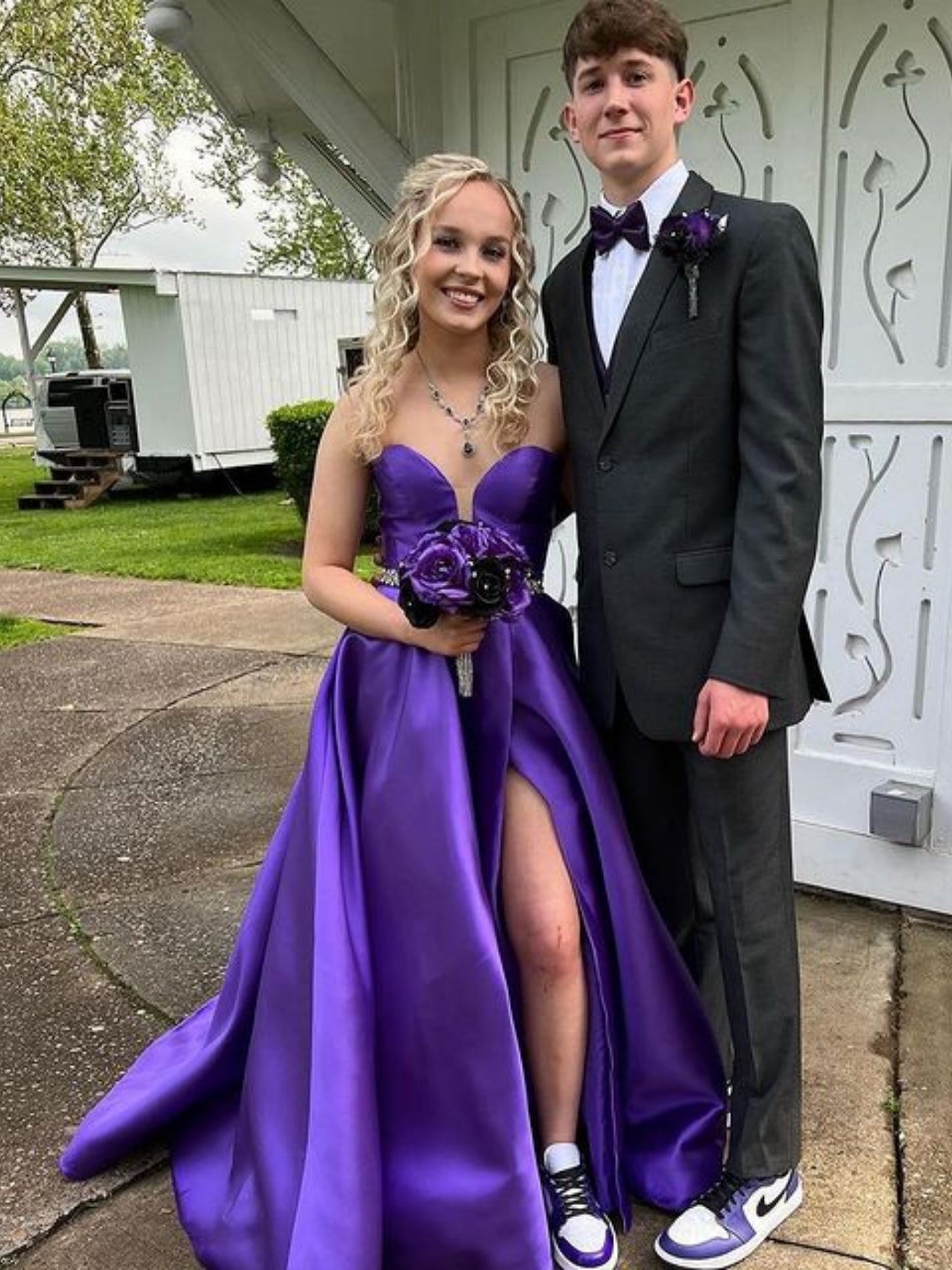 V Neck Purple Satin Long Prom Dresses with Belt, V Neck Purple Formal Dresses, Purple Evening Dresses SP2711