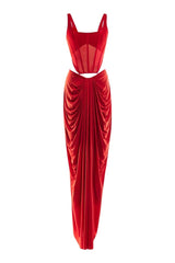 Deme By Gabriella Valentina red corset maxi dress featuring a fitted bodice and flowing skirt, perfect for elegant occasions.