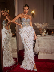 Vieby Strapless Rhinestone Feather Maxi Dress In White
