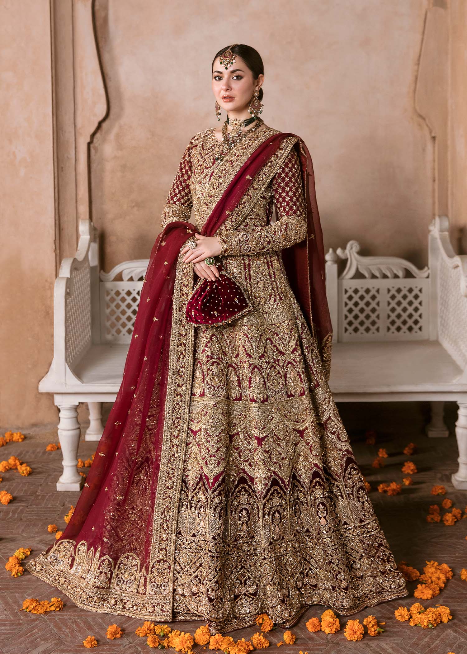 Hania Aamir Maroon Bridal Gown - Silk and Organza | 50% OFF