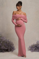 Pretty Perfect | Blush Pink Maternity Ruched Mesh Bardot Maxi Dress - Club L London - USA