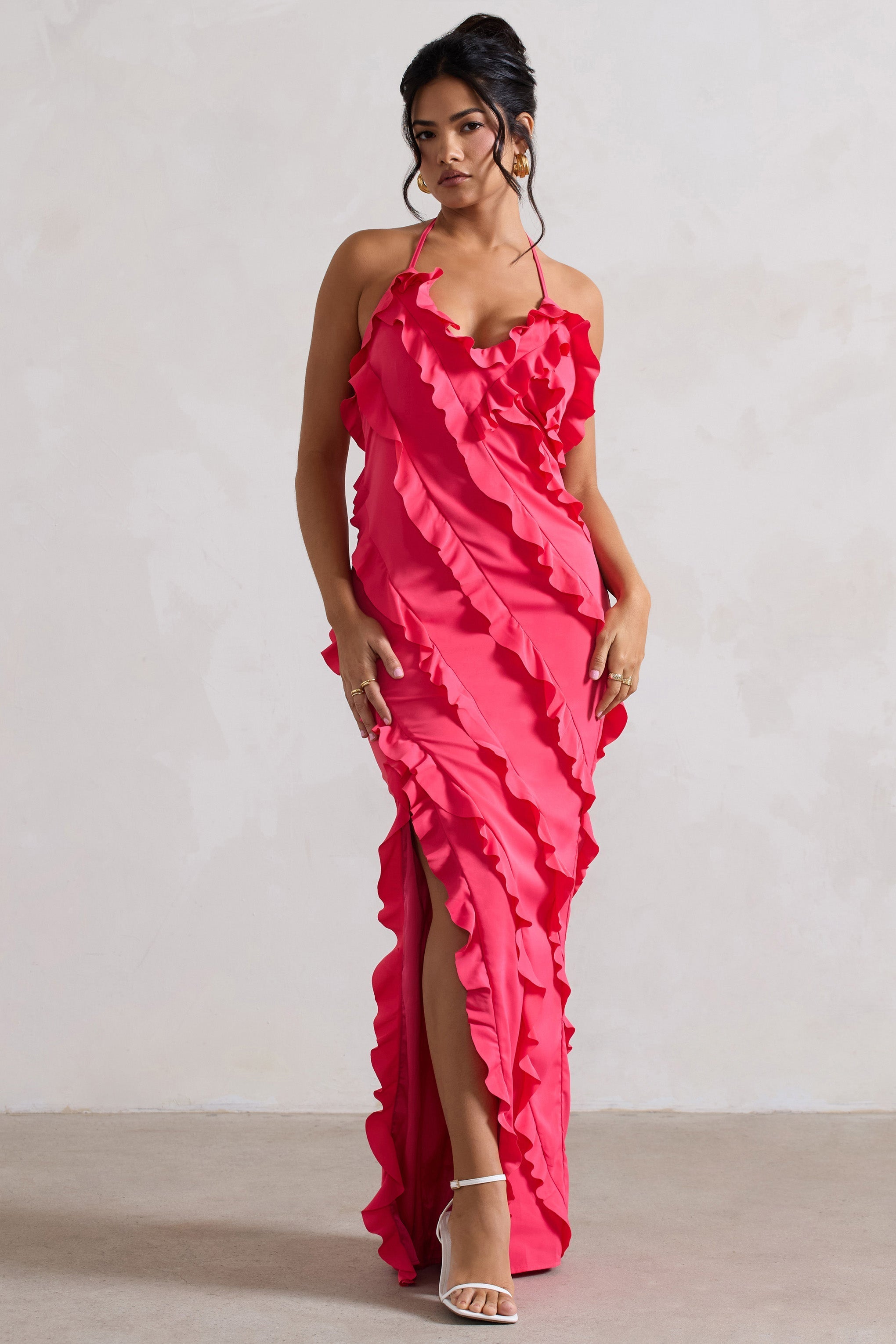Full On | Hot Pink V-Neck Ruffle Maxi Dress - Club L London - USA
