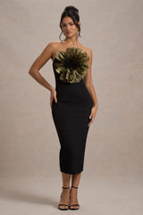 Moya | Black & Gold Bodycon Midi Dress With Corsage Detail - Club L London - USA