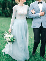 Blue Long Sleeve Bridal Dresses Photo Shoot, A-line Sheer Wedding Dress,WD00827