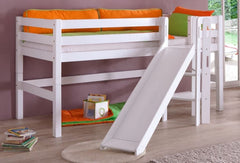Hochbett ELIYAS Kinderbett mit Rutsche Spielbett Bett Weiß Stoffset Lila/Weiß