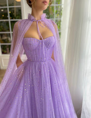 Purple A-Line dress with no sleeves, starry fabric and cape