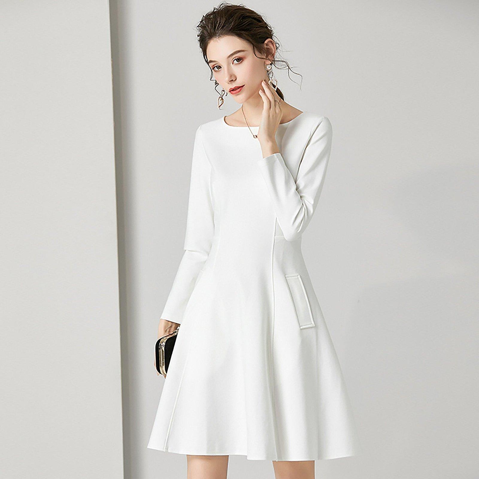 White Long Sleeve Fit & Flare Cocktail Dress Vivian Seven