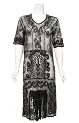 1920's Embroidered Black Sheer Mixed-Lace Beaded Art Deco Motif Dress