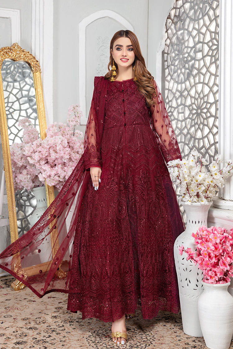 Picture of Ellena - Embroidered Net Maxi Dress Maroon - Available at Raja Sahib
