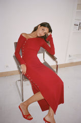 ASYMMETRICAL WRAP LONG DRESS in cherry red