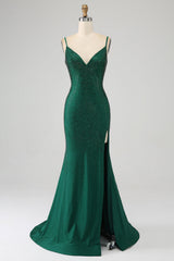 Sparkly Dark Green Beaded Long Mermaid Prom Dress with Slit