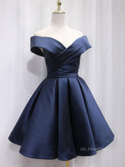 A-line Off-the-shoulder Navy Blue Cute Homecoming Dress Short Prom Dresses EDS026|Selinadress