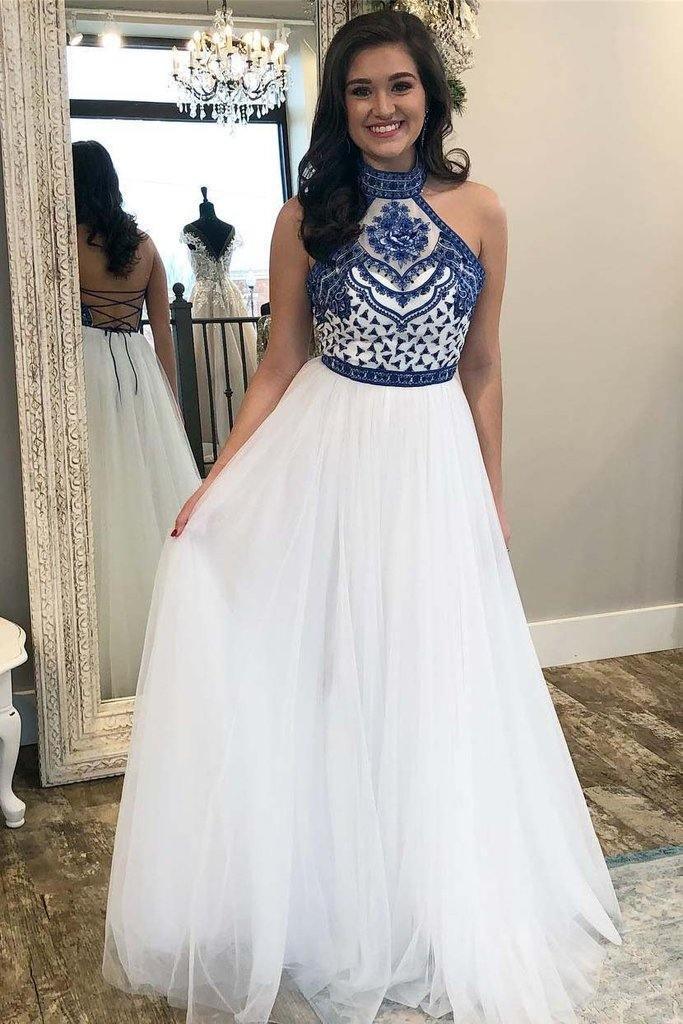 A Line Off White Halter Prom Dresses Cheap Long Formal Party Dress PG970 - Pgmdress