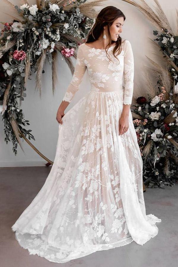 A-line Scoop Neck Long Sleeves Lace Weddding Dress Bridal Gown WD503 - Pgmdress