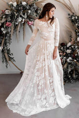 A-line Scoop Neck Long Sleeves Lace Weddding Dress Bridal Gown WD503 - Pgmdress