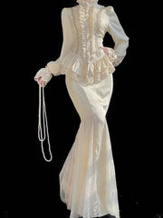 Classic Apricot Elegant Lolita with + Ruffled Set Details Blouse Lace Mermaid Skirt Long Sleeves