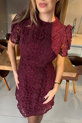 Ami Corded Plum Lace Tulip Sleeve Mini Dress