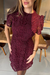 Ami Corded Plum Lace Tulip Sleeve Mini Dress