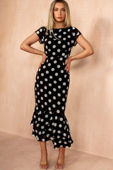 Roxy Black Chiffon Polka Dot Midi Dress