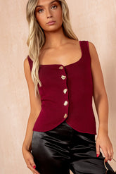Belen Wine Knit Button Front Top