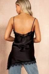 Celine Black Satin Lace Asymmetric Cami Top