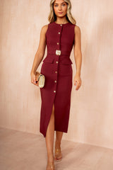 Emery Burgundy Button Detail Midi Dress