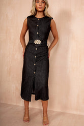 Nisha Black Chambray Belted Midi Dress