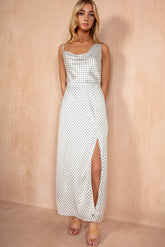 Senna White Spot Satin Maxi Dress