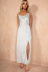 Senna White Spot Satin Maxi Dress