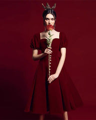 Vintage 1980s Style Prom Dresses Tea Length Puffy Sleeves-alinanova
