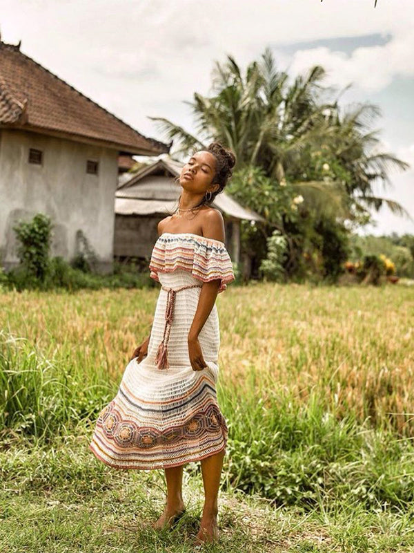 Crochet Carmen Off Shoulder Midi Dress - Cream