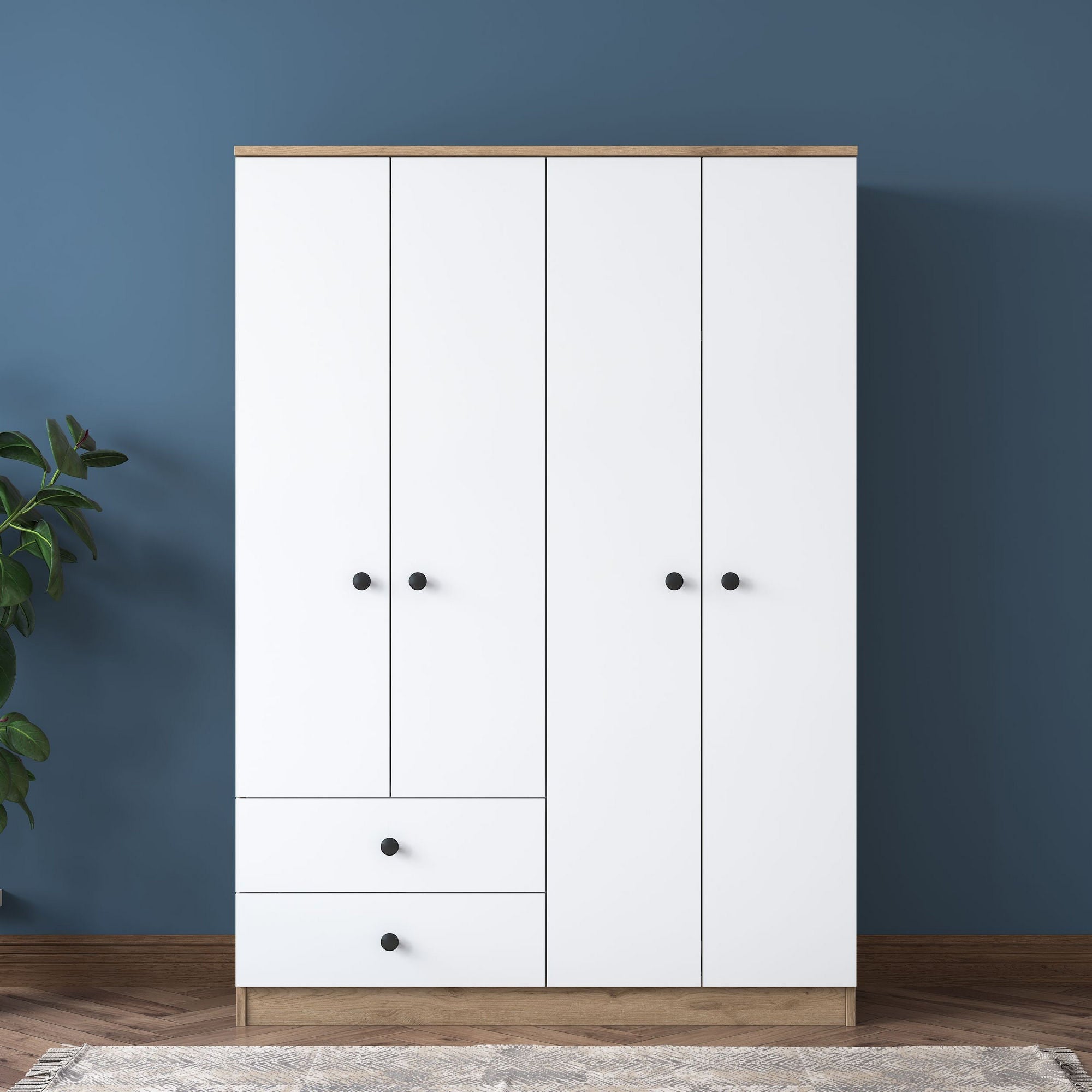 Mobile armadio alto moderno in legno con 4 ante color bianco opaco e struttura in finitura noce chiaro opaco, 2 aste appendiabiti e 2 cassetti in basso a sinistra. Dimensioni 120x43x170h
