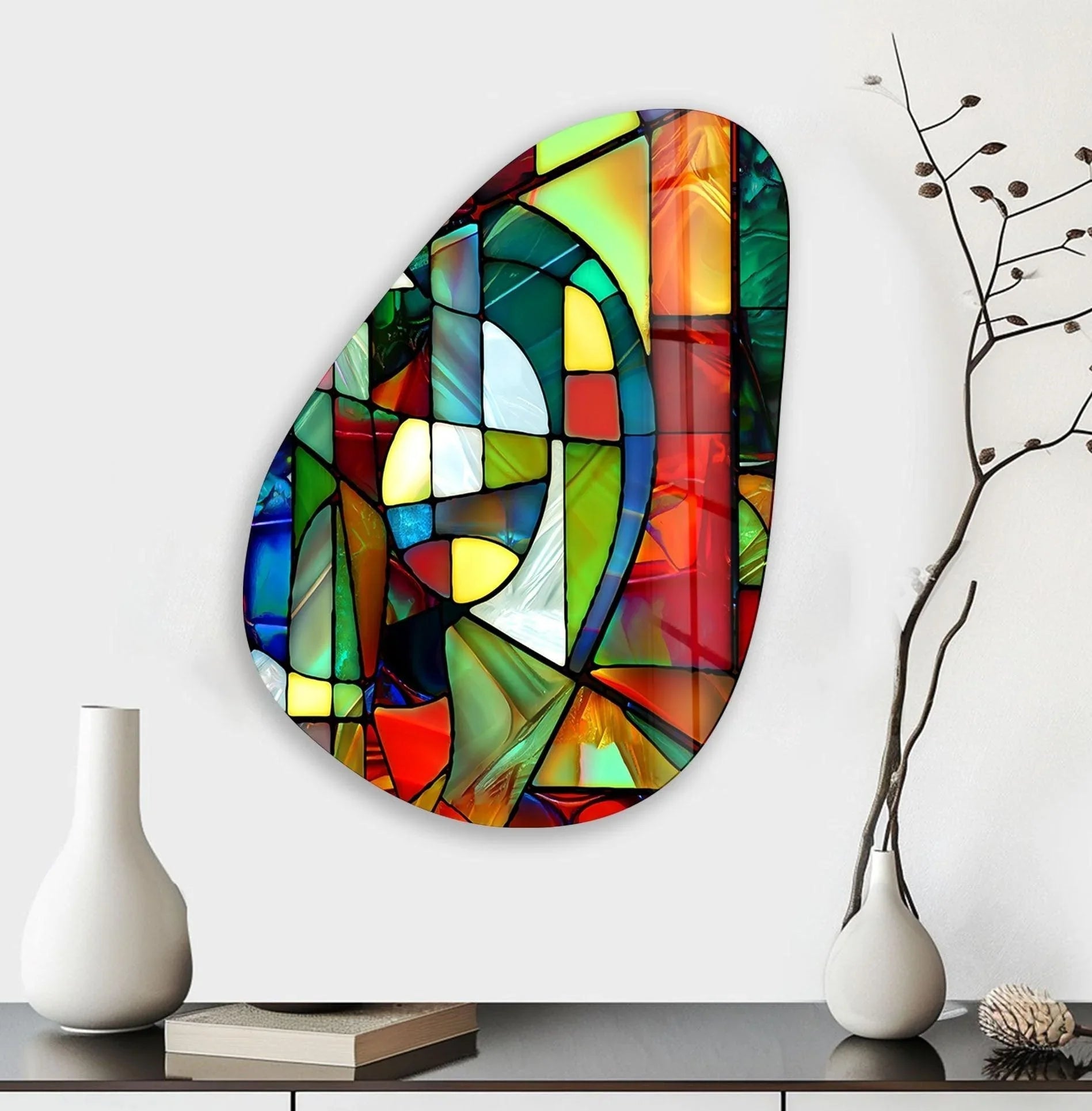 Featuring sleek edges and crisp borders, this asymmetrical oval colored geometrics glass wall art makes a vibrant statement in modern home decor.
