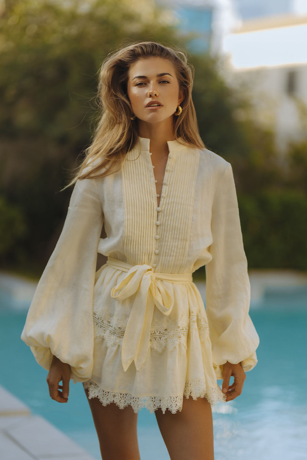 AURELIE LACE TRIM LINEN MINI DRESS - BUTTER YELLOW