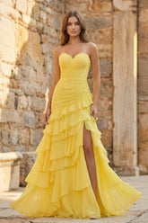 Ruched Ruffle Fitted Yellow Long Prom Dress with Slit - KissProm