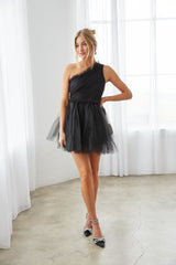 black tulle babydoll - one shoulder mini dress - sophisticated evening outfits - chic feminine outfit for brides
