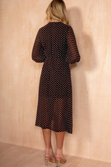 Oraya Brown Spot Chiffon Midi Dress