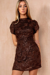 Ami Sequin Chocolate 3D High Neck Mini Dress