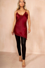 Celine Wine Satin Lace Asymmetric Cami Top