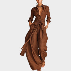 Belted Wide-Leg Shirt Jumpsuit