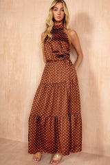 Zaynab Brown Polka Dot Halterneck Tiered Maxi Dress