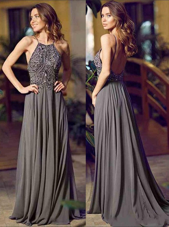 2018 Amazing A-line Halter Floor-Length Charcoal Grey Bridesmaid Dress Chiffon Sleeveless Beaded Backless Grey Prom Evening Gowns - FlosLuna