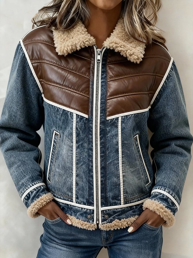 Damen Winter Patchwork Jacke mit Teddykragen warm casual
