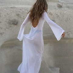 white sheer long-sleeve maxi dress with open back, boho style