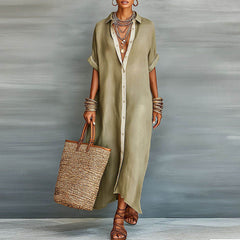 elegant beige shirt maxi dress for women with lapel collar button front and short sleeves versatile refined style ideal for office wear travel everyday elegance and sophisticated outfits