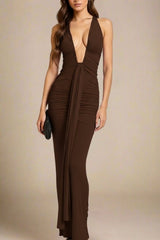 Woman wearing a figure flattering Bella Bodycon Wrap Maxi Dress - Tan Brown BODYCON COLLECTION Pty Ltd