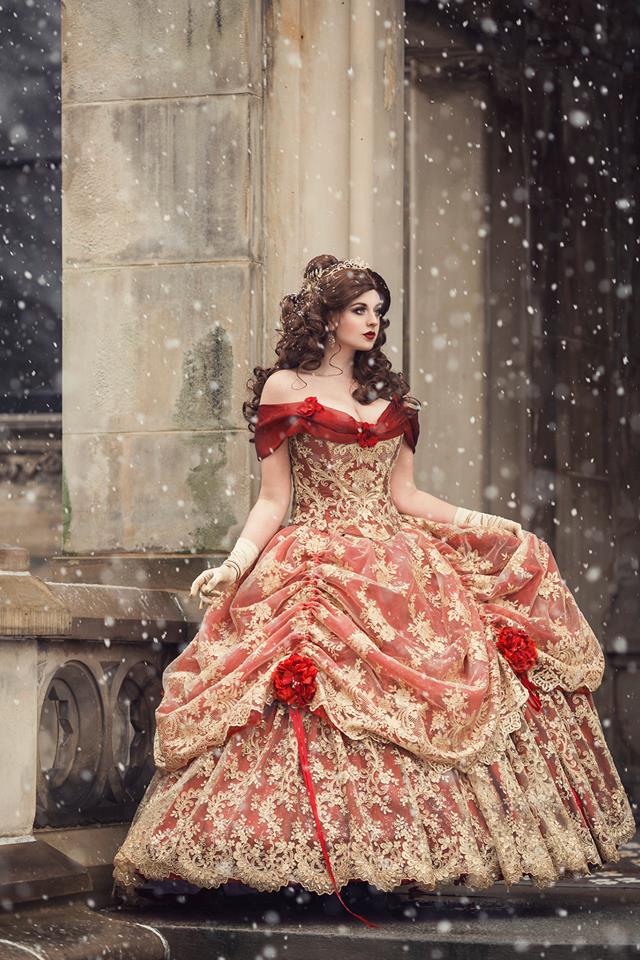 Red/Gold Upscale Fantasy Belle Gown with Flowers