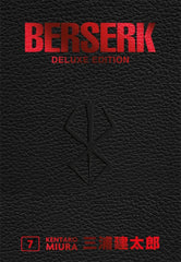 Copertina dell'edizione cartonata "Berserk Deluxe Edition Vol. 7". Il volume è caratterizzato da una pregiata finitura in finta pelle nera con trama granulosa. Al centro risalta il Marchio del Sacrificio impresso a secco in nero. Nella parte superiore compare il titolo "BERSERK" in grandi caratteri rossi metallizzati, con sotto la scritta "DELUXE EDITION". In basso a sinistra è visibile un riquadro rosso con il numero 7, affiancato dal nome "KENTARO MIURA" e dai relativi caratteri kanji in rosso.